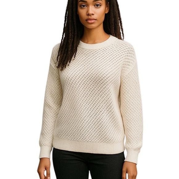 Vince Optic White Cotton Open Weave Crochet Knit Crew Neck Sweater Small - Picture 1 of 11